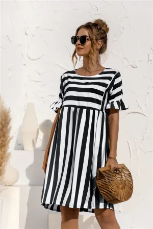 Women Ruffle Collar Short Sleeve Striped Spliced Color-Matching Pocket Loose Dress Pocket Dress