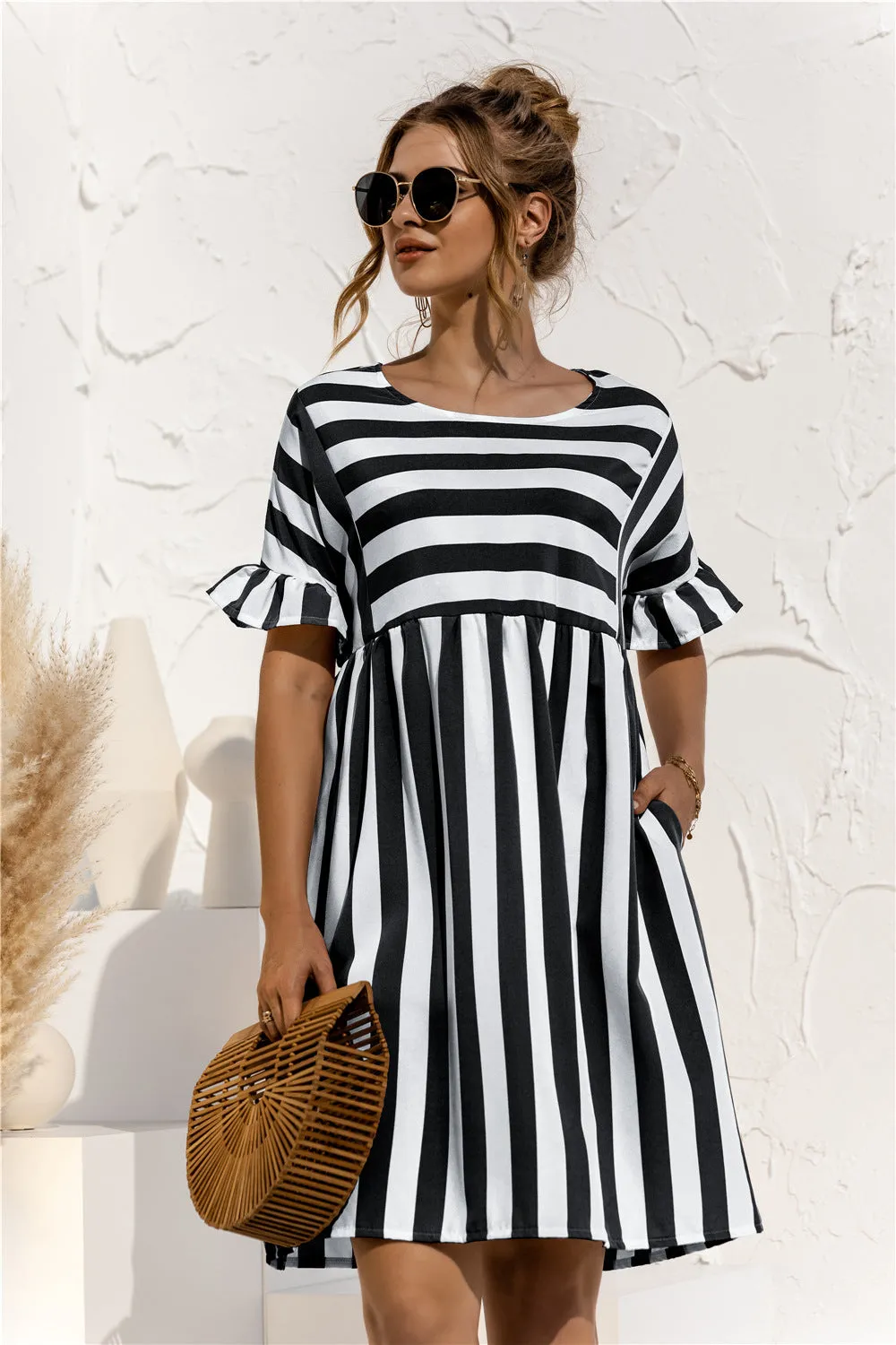 Women Ruffle Collar Short Sleeve Striped Spliced Color-Matching Pocket Loose Dress Pocket Dress