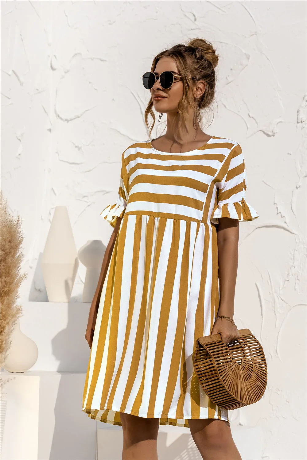 Women Ruffle Collar Short Sleeve Striped Spliced Color-Matching Pocket Loose Dress Pocket Dress