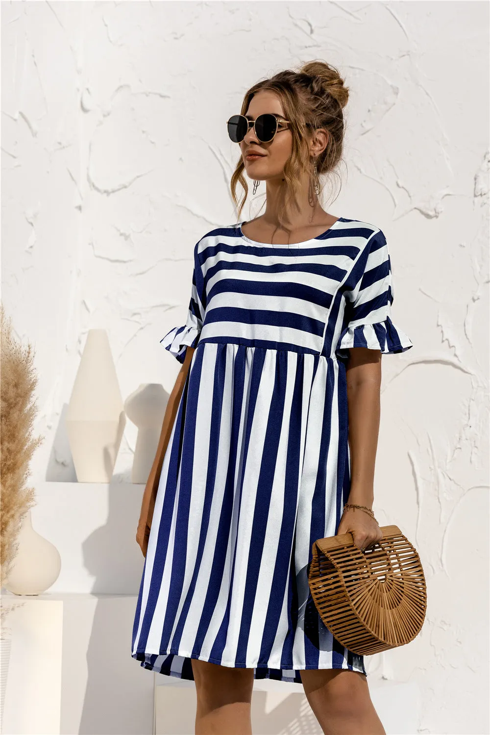 Women Ruffle Collar Short Sleeve Striped Spliced Color-Matching Pocket Loose Dress Pocket Dress