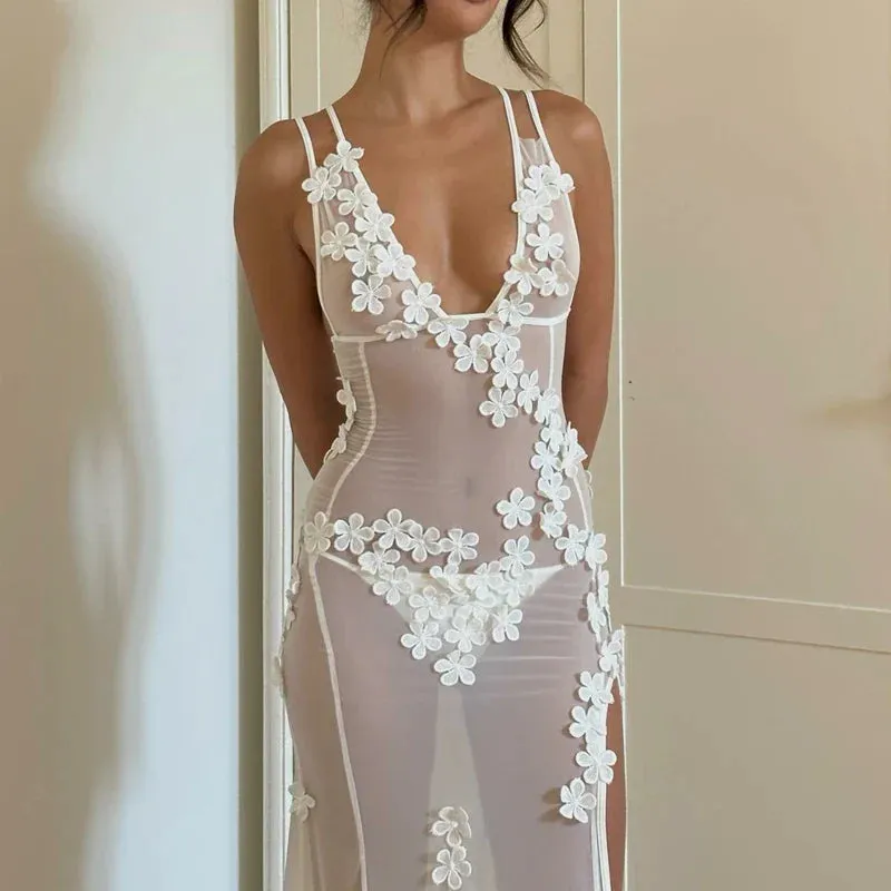 Women Sexy Party Night Backless V Neck Split Vintage Floral Sheer Mesh Boho Beach Cover-ups Lace Dress