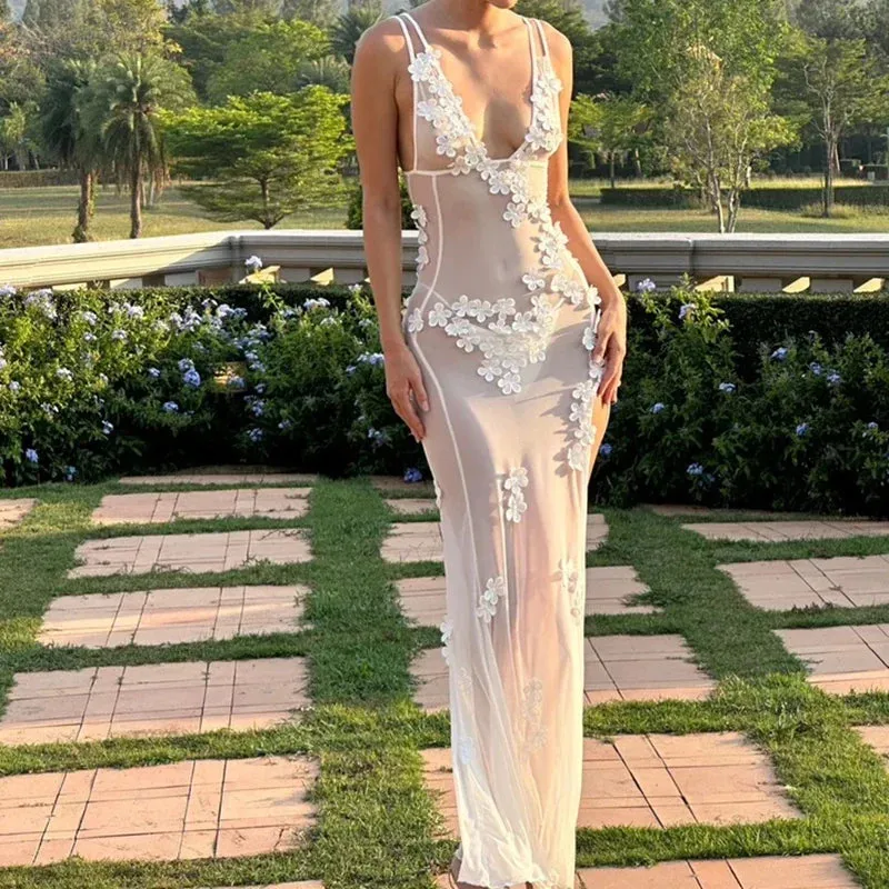 Women Sexy Party Night Backless V Neck Split Vintage Floral Sheer Mesh Boho Beach Cover-ups Lace Dress