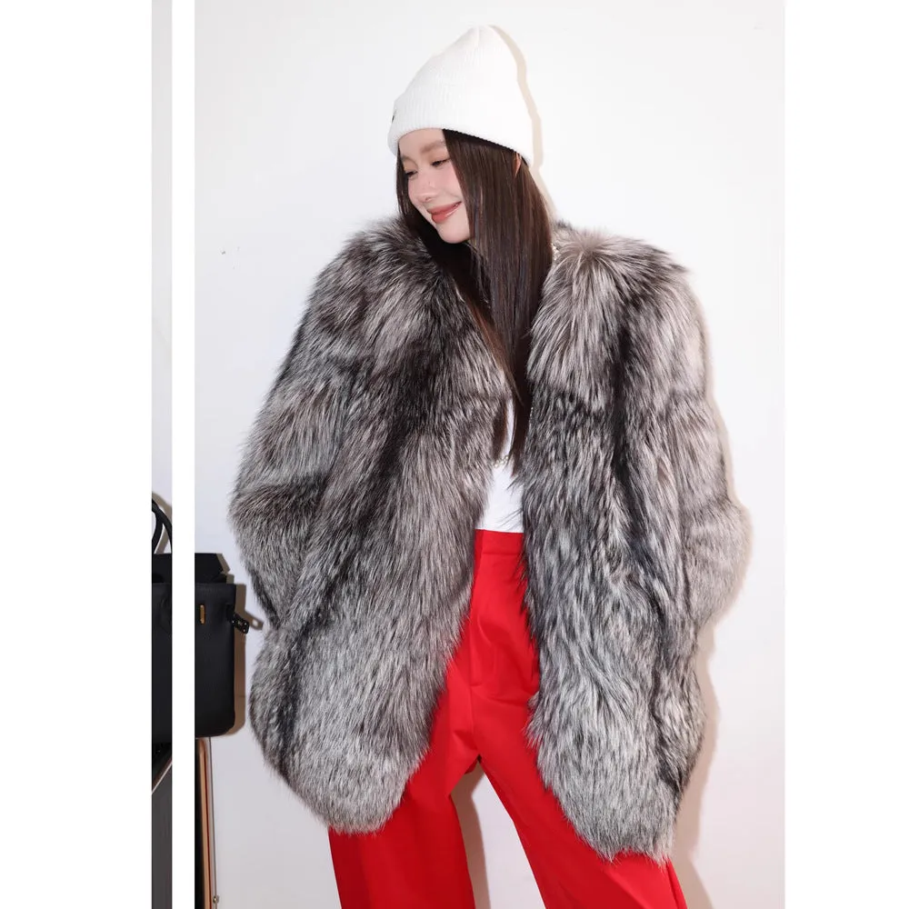 Women Silver Fox Fur Mid Length Coat