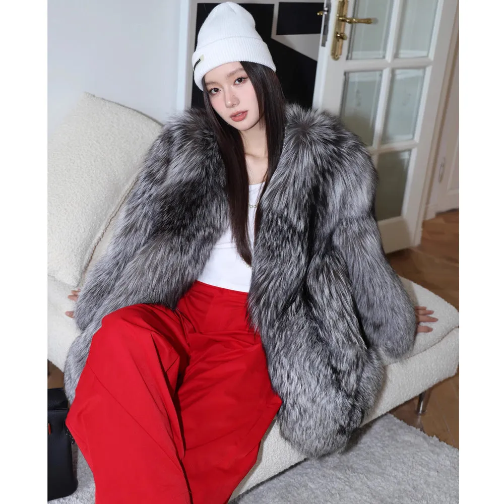 Women Silver Fox Fur Mid Length Coat