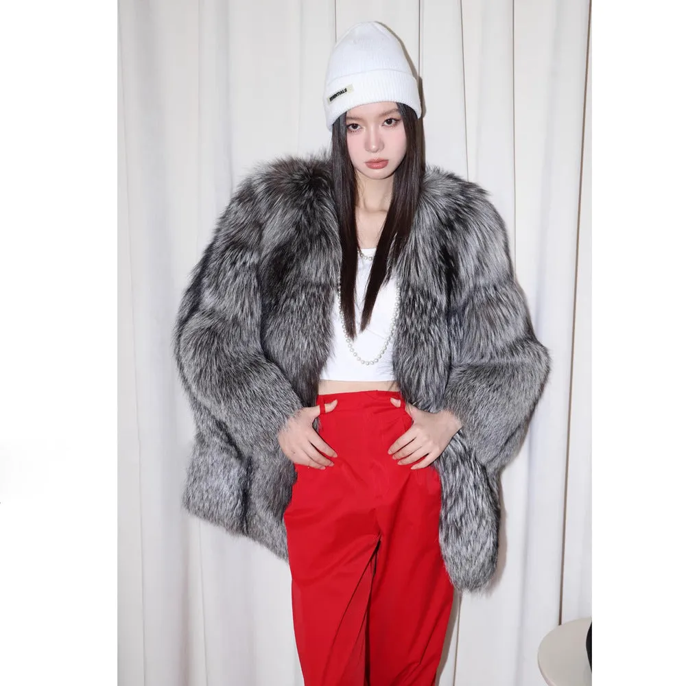 Women Silver Fox Fur Mid Length Coat