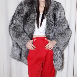 Women Silver Fox Fur Mid Length Coat