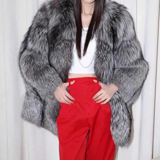 Women Silver Fox Fur Mid Length Coat