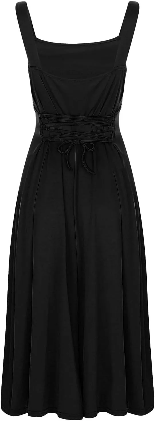 Women Spring Summer Long Dresses Square Neck Spaghetti Strap A Line Sundresses Casual Sleeveless Vacation Dress