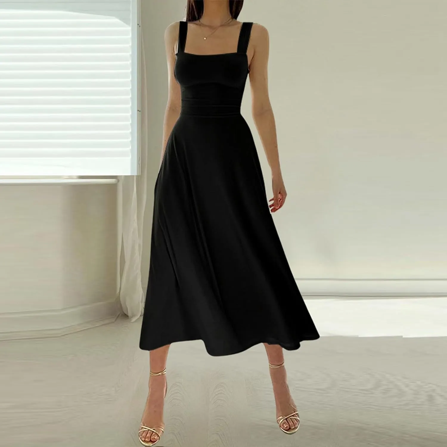 Women Spring Summer Long Dresses Square Neck Spaghetti Strap A Line Sundresses Casual Sleeveless Vacation Dress