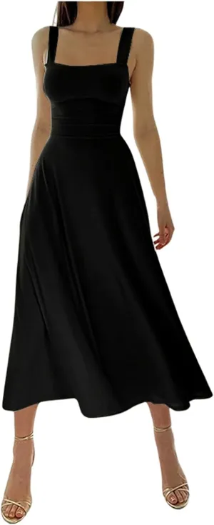Women Spring Summer Long Dresses Square Neck Spaghetti Strap A Line Sundresses Casual Sleeveless Vacation Dress