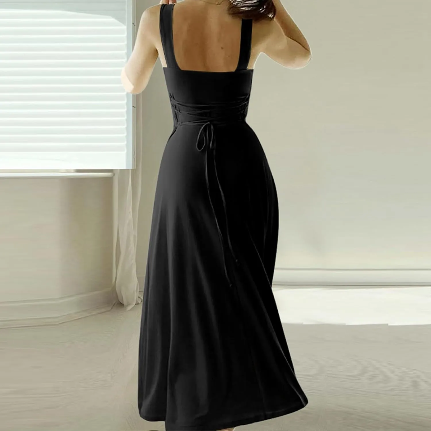 Women Spring Summer Long Dresses Square Neck Spaghetti Strap A Line Sundresses Casual Sleeveless Vacation Dress