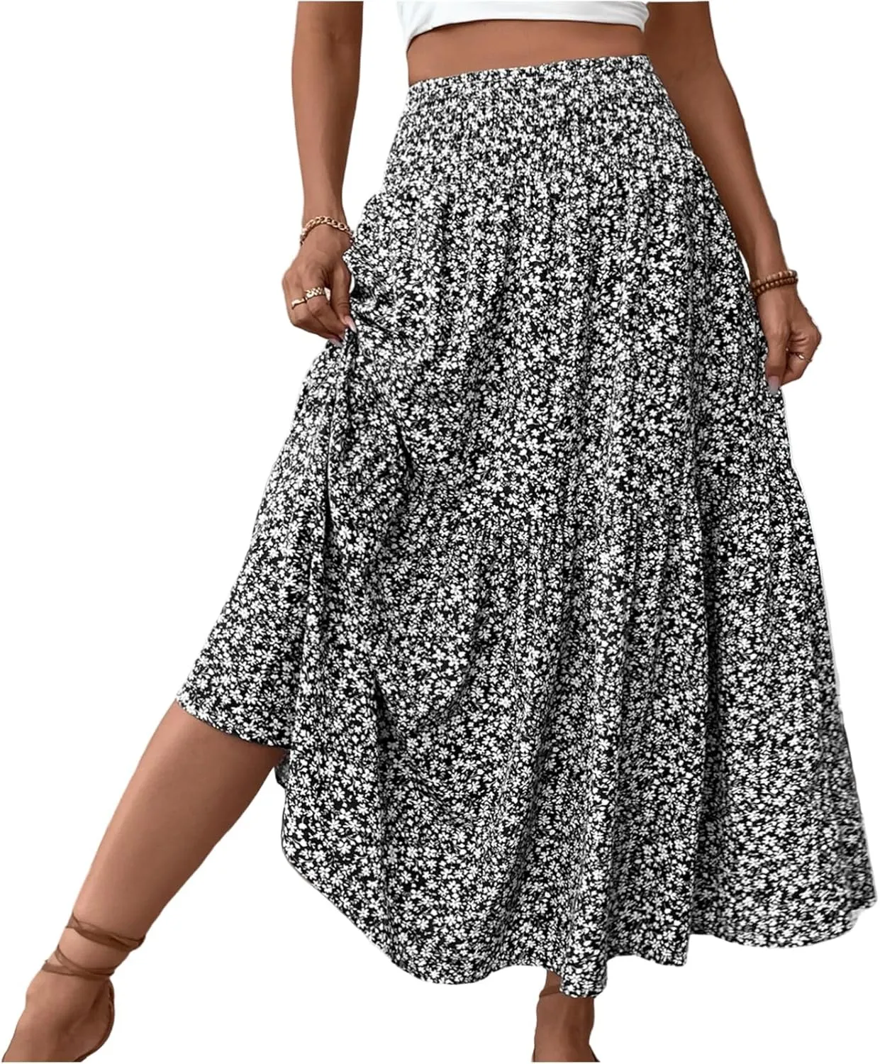 Women Summer Boho Skirt Floral Smocked Elastic Waist Flowy Swing Pleated Skirts Vacation Print A-Line Long Skirts