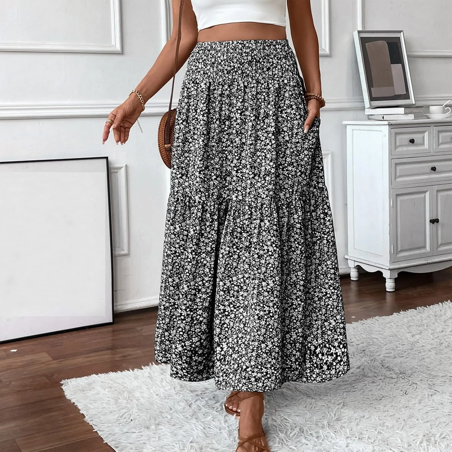 Women Summer Boho Skirt Floral Smocked Elastic Waist Flowy Swing Pleated Skirts Vacation Print A-Line Long Skirts