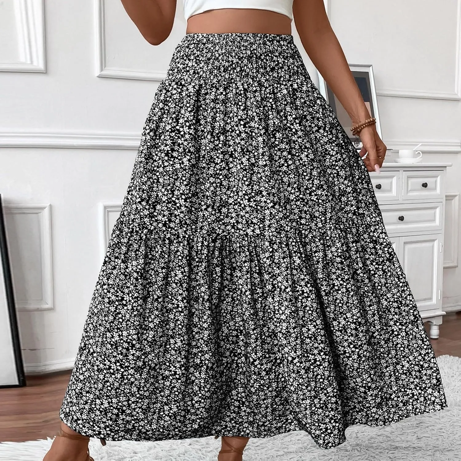 Women Summer Boho Skirt Floral Smocked Elastic Waist Flowy Swing Pleated Skirts Vacation Print A-Line Long Skirts