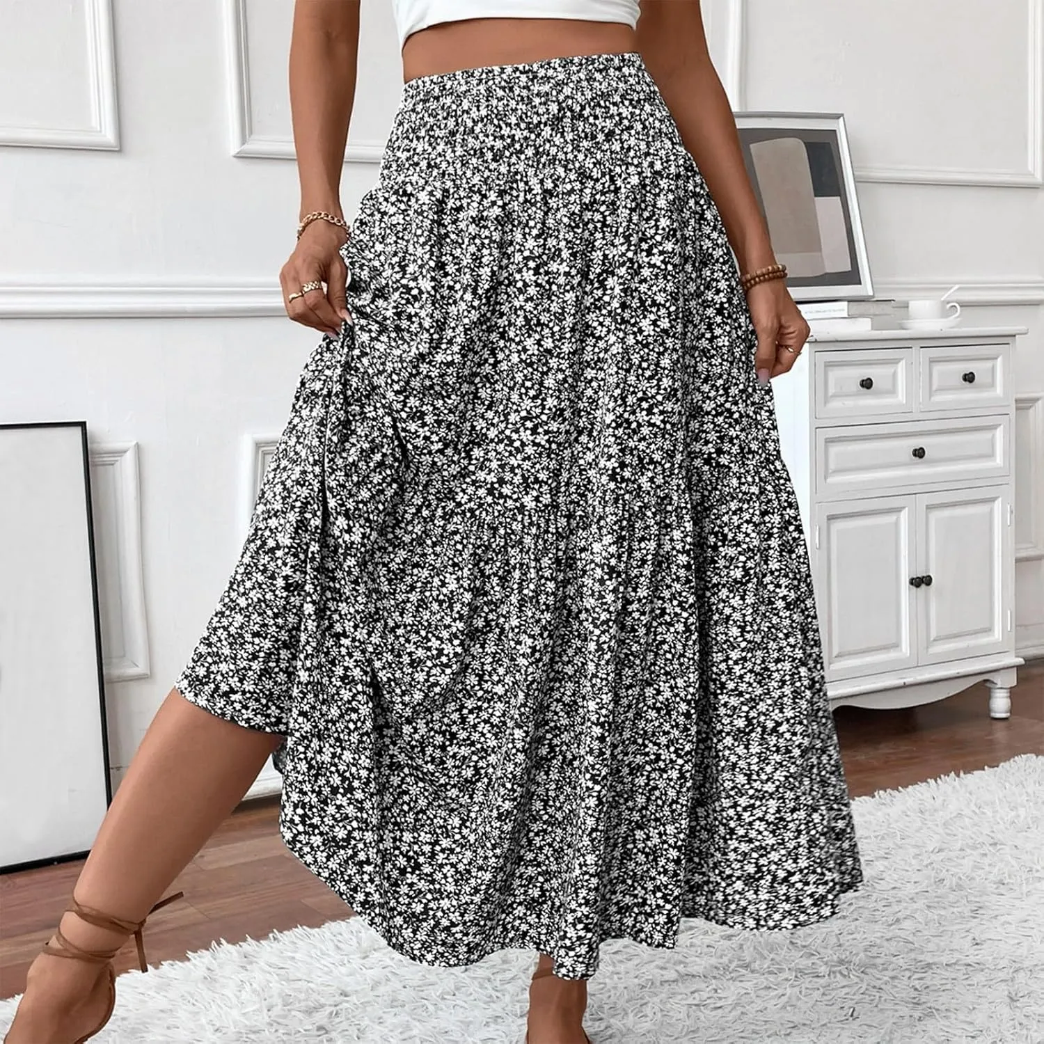 Women Summer Boho Skirt Floral Smocked Elastic Waist Flowy Swing Pleated Skirts Vacation Print A-Line Long Skirts