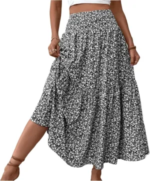 Women Summer Boho Skirt Floral Smocked Elastic Waist Flowy Swing Pleated Skirts Vacation Print A-Line Long Skirts