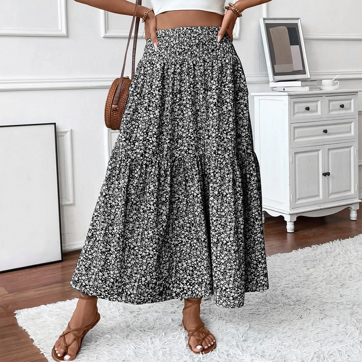 Women Summer Boho Skirt Floral Smocked Elastic Waist Flowy Swing Pleated Skirts Vacation Print A-Line Long Skirts
