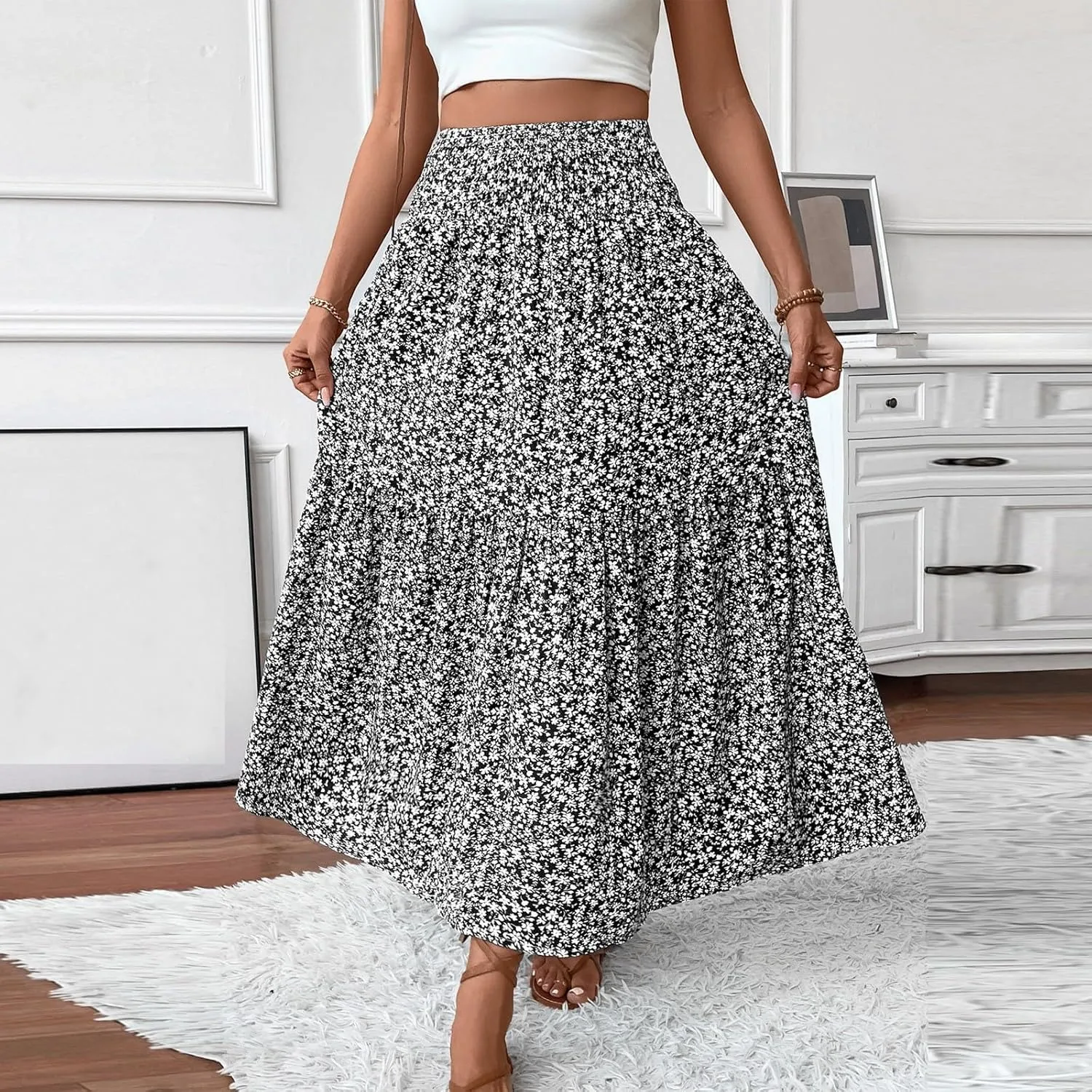 Women Summer Boho Skirt Floral Smocked Elastic Waist Flowy Swing Pleated Skirts Vacation Print A-Line Long Skirts