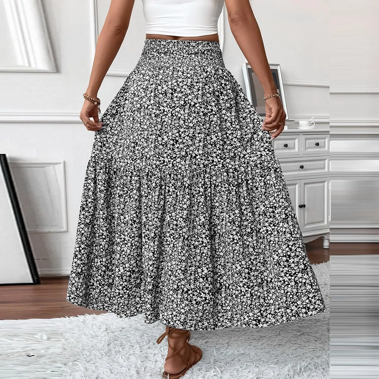 Women Summer Boho Skirt Floral Smocked Elastic Waist Flowy Swing Pleated Skirts Vacation Print A-Line Long Skirts