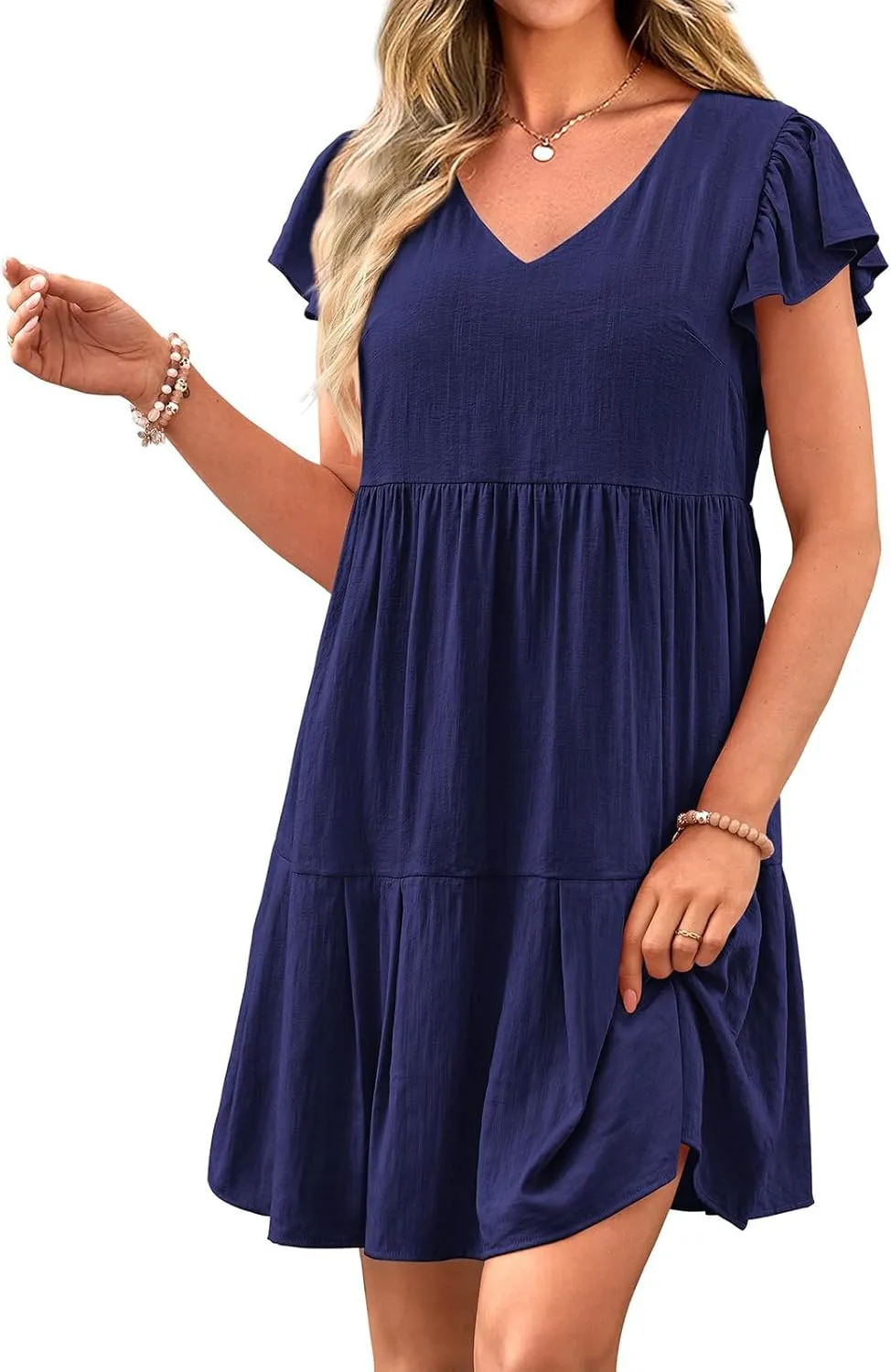 Women Summer Dresses Casual Ruffle Sleeve V Neck Tiered Dress Swing Flowy A Line Beach Dresses