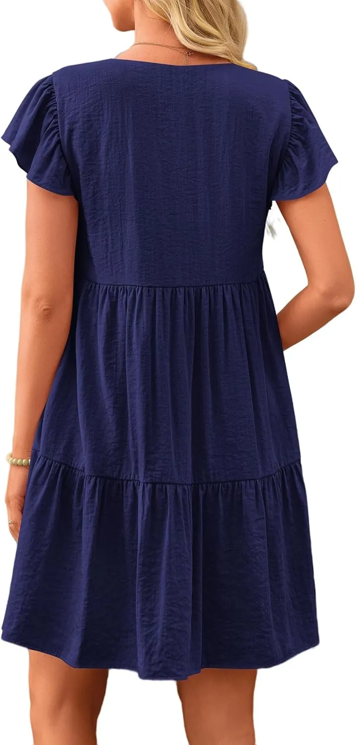 Women Summer Dresses Casual Ruffle Sleeve V Neck Tiered Dress Swing Flowy A Line Beach Dresses