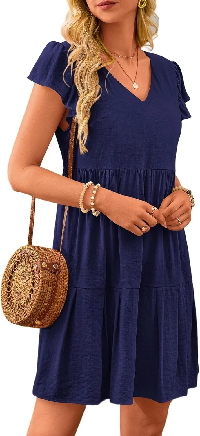 Women Summer Dresses Casual Ruffle Sleeve V Neck Tiered Dress Swing Flowy A Line Beach Dresses
