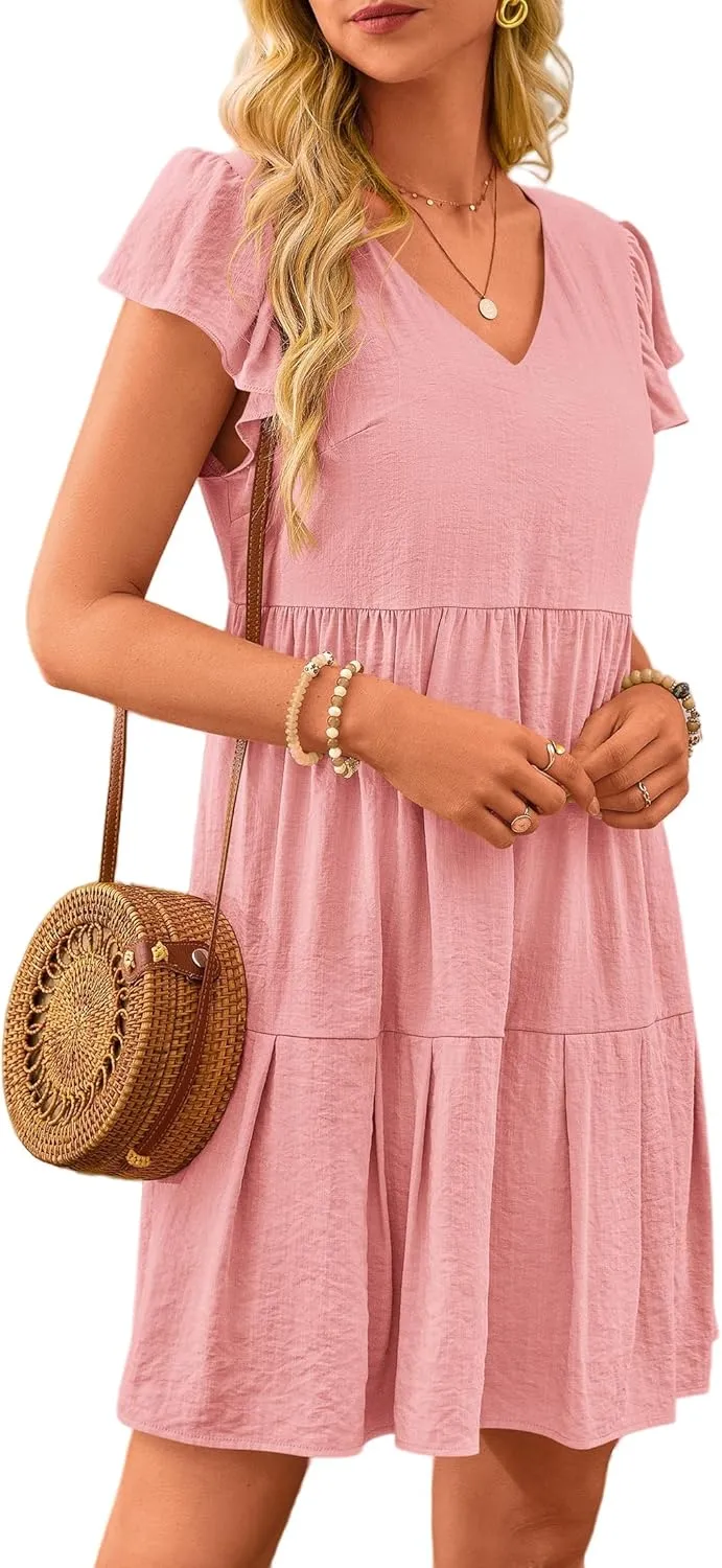 Women Summer Dresses Casual Ruffle Sleeve V Neck Tiered Dress Swing Flowy A Line Beach Dresses