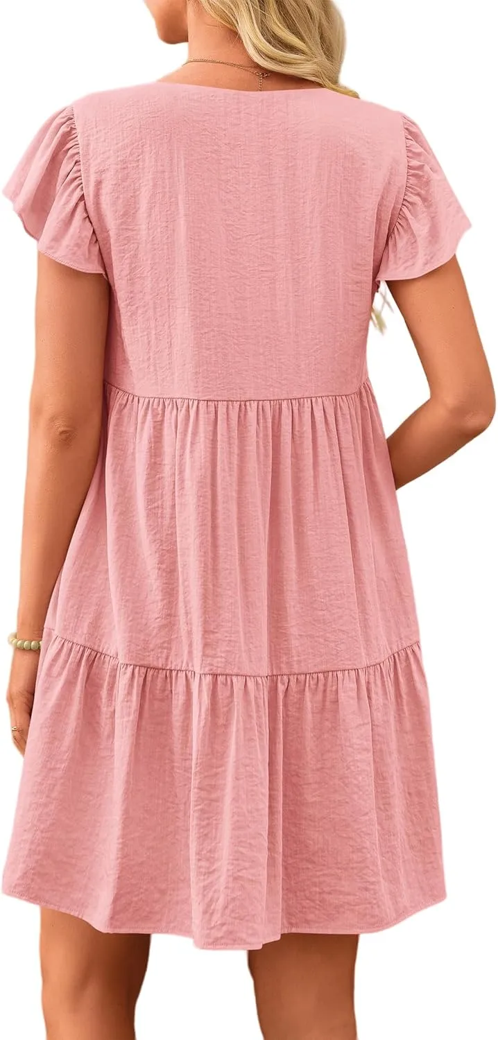 Women Summer Dresses Casual Ruffle Sleeve V Neck Tiered Dress Swing Flowy A Line Beach Dresses
