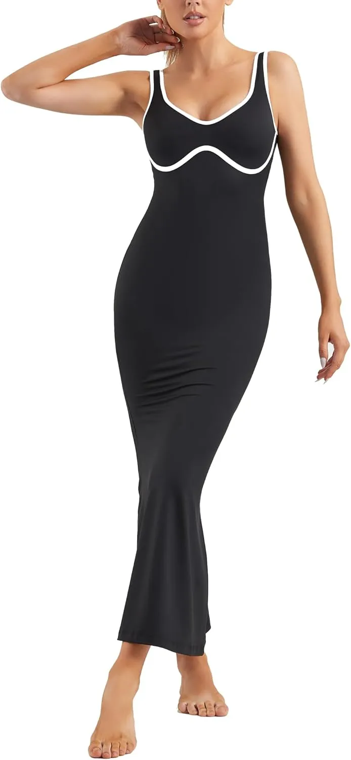 Women Summer Maxi Dress Midi Bodycon Dresses Sexy Tank Top Dress Square Neck Sleeveless Dress