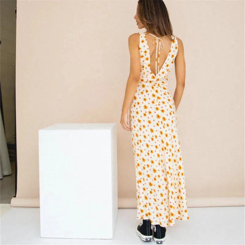 Women V Neck Floral Strappy Long Bodycon Sexy Sleeveless Slim Fit Maxi Party Beach Sundress Lace Dress