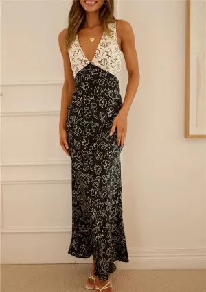 Women V Neck Floral Strappy Long Bodycon Sexy Sleeveless Slim Fit Maxi Party Beach Sundress Lace Dress