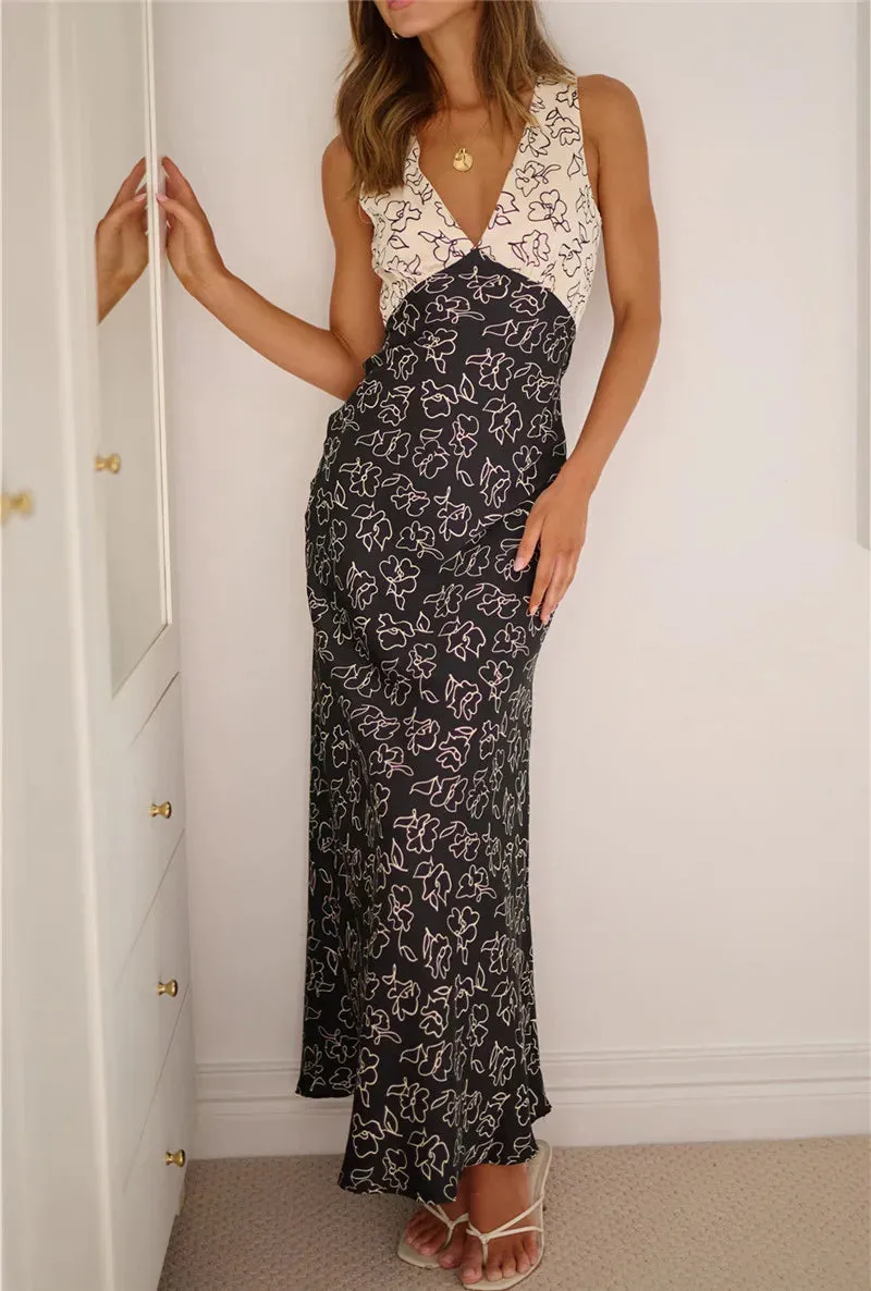Women V Neck Floral Strappy Long Bodycon Sexy Sleeveless Slim Fit Maxi Party Beach Sundress Lace Dress