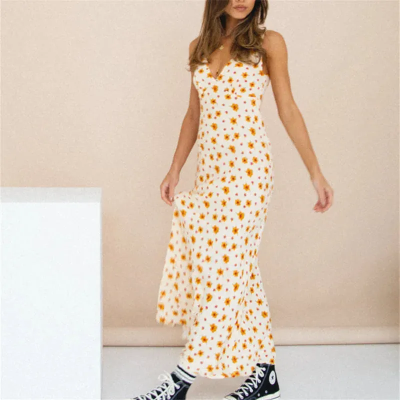 Women V Neck Floral Strappy Long Bodycon Sexy Sleeveless Slim Fit Maxi Party Beach Sundress Lace Dress