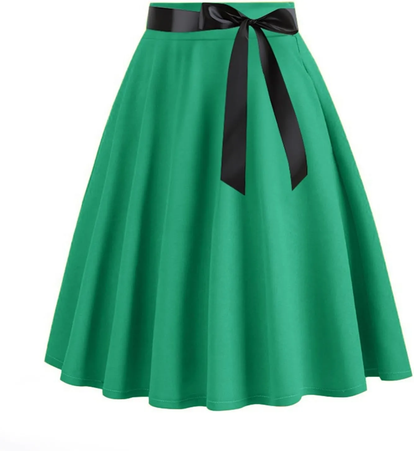 Women Vintage Pleated Skirts Plain Elegant Half Dress Hepburn Style A-Line Midi Skirts with Waist Bowknot