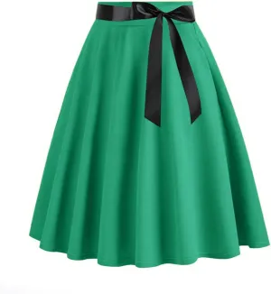 Women Vintage Pleated Skirts Plain Elegant Half Dress Hepburn Style A-Line Midi Skirts with Waist Bowknot
