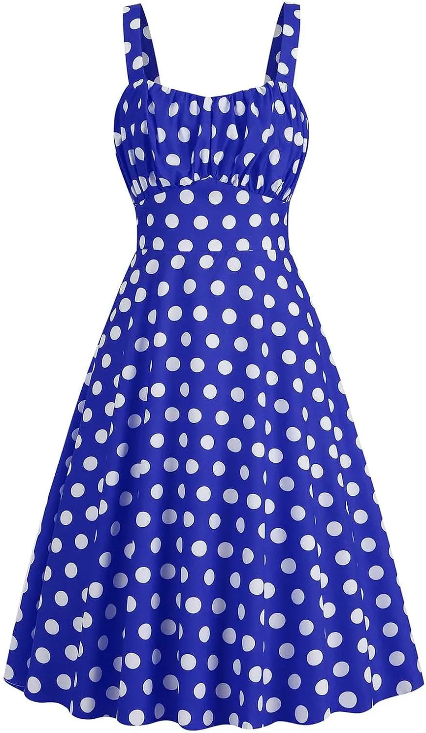 Women Vintage Sleeveless Solid Floral Ruched Summer Cute A-Line Flowy Swing Midi Dress Beach Dresses