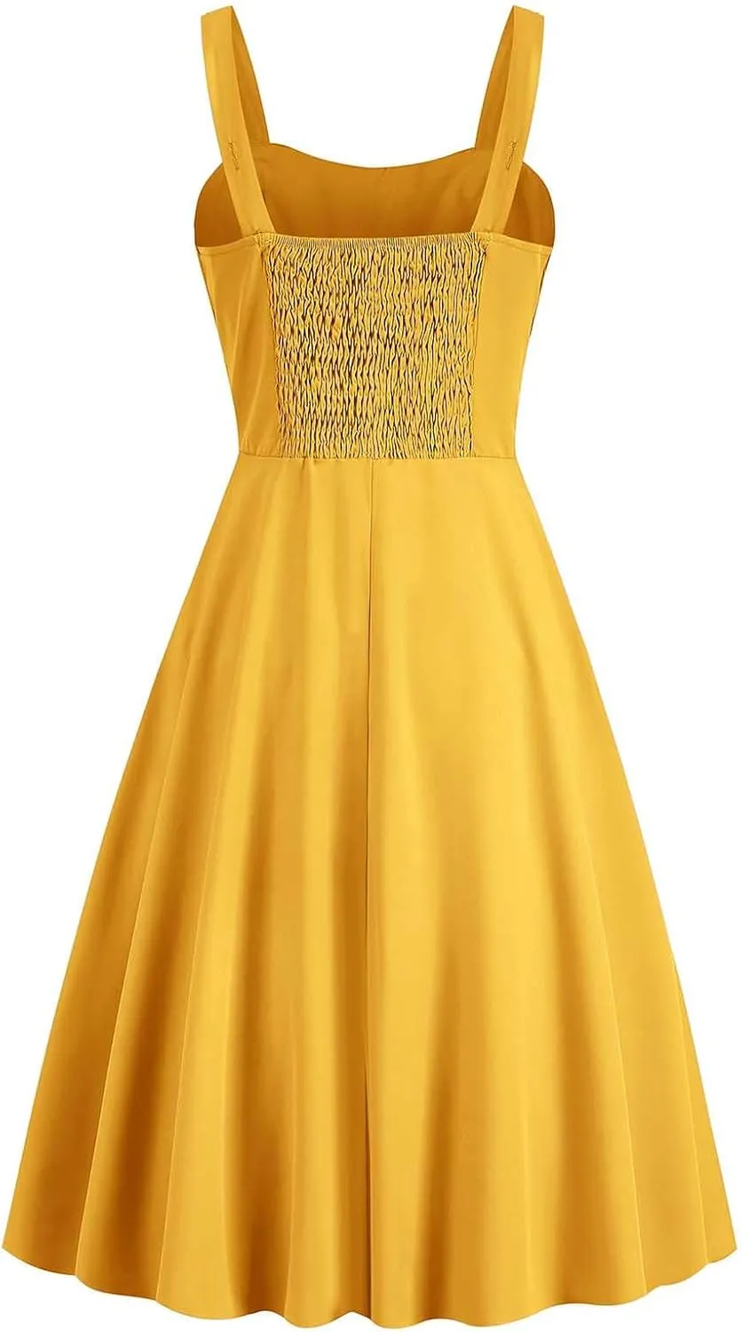 Women Vintage Sleeveless Solid Floral Ruched Summer Cute A-Line Flowy Swing Midi Dress Beach Dresses