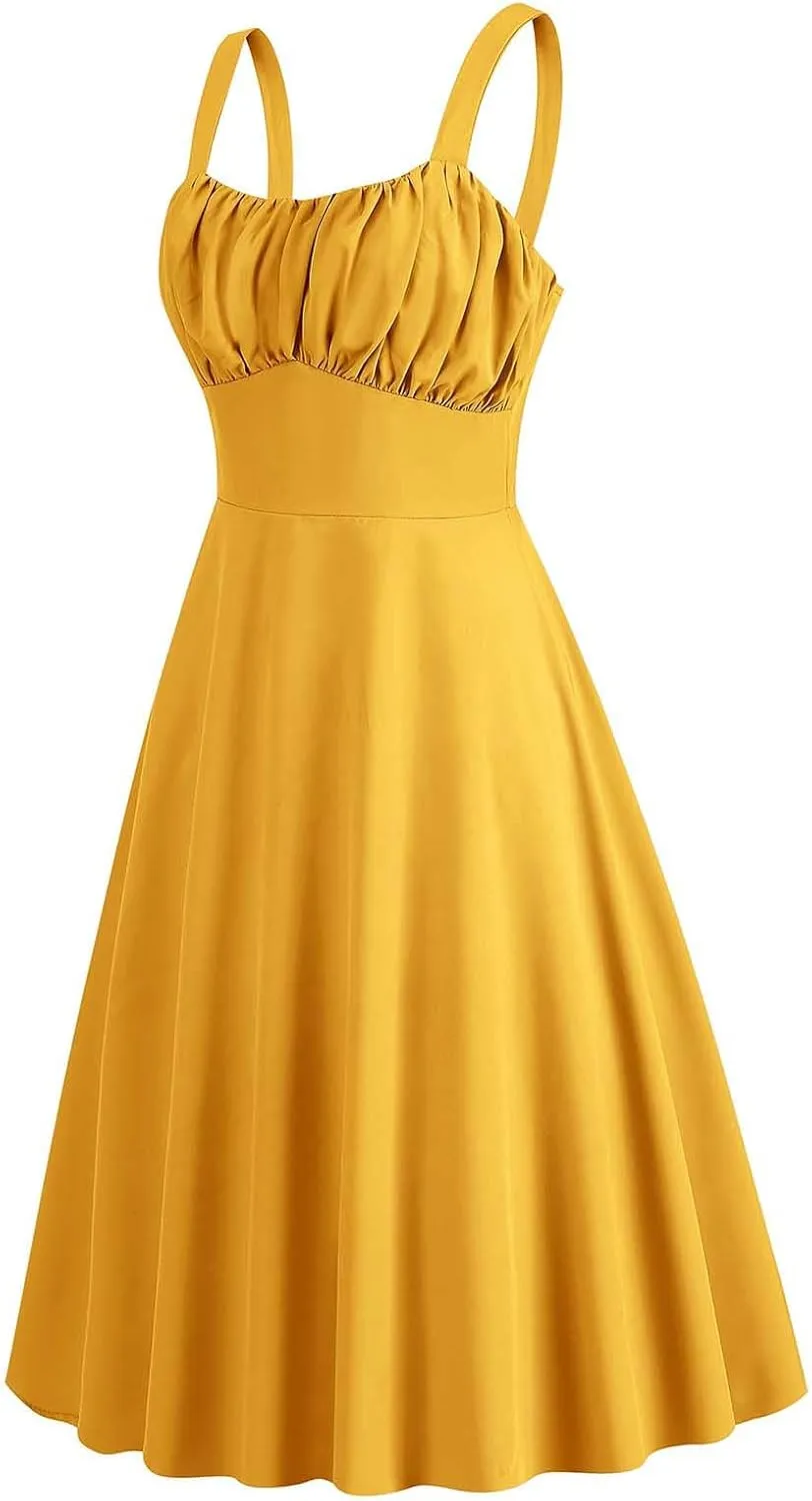Women Vintage Sleeveless Solid Floral Ruched Summer Cute A-Line Flowy Swing Midi Dress Beach Dresses