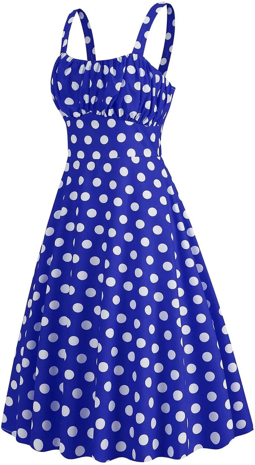 Women Vintage Sleeveless Solid Floral Ruched Summer Cute A-Line Flowy Swing Midi Dress Beach Dresses