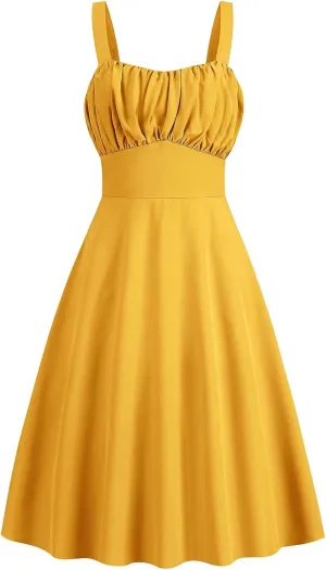 Women Vintage Sleeveless Solid Floral Ruched Summer Cute A-Line Flowy Swing Midi Dress Beach Dresses