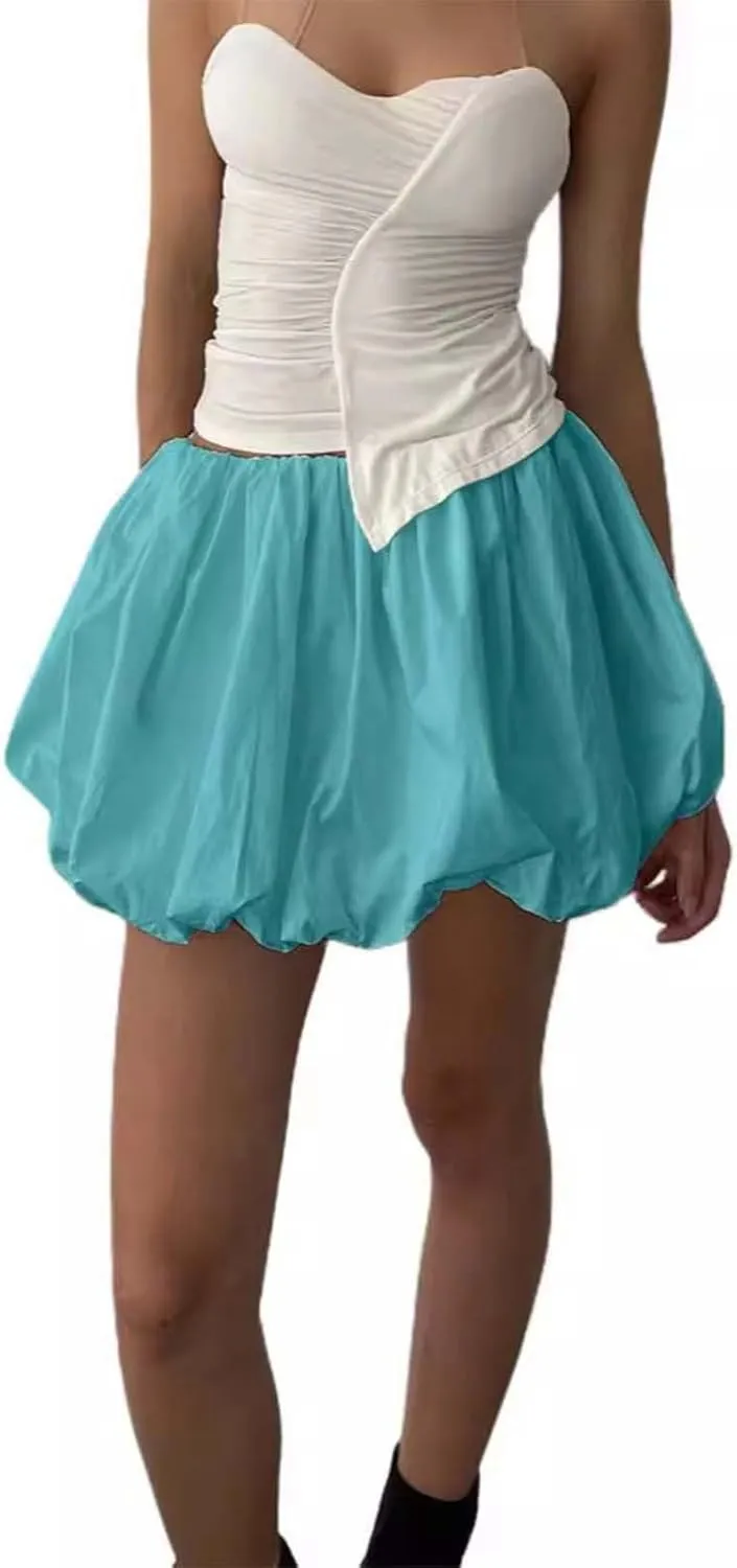 Women Y2k Bubble Skirt Ruffle Hem Pleated A Line Flare Mini Short Skirt Streetwear Beach Dresses