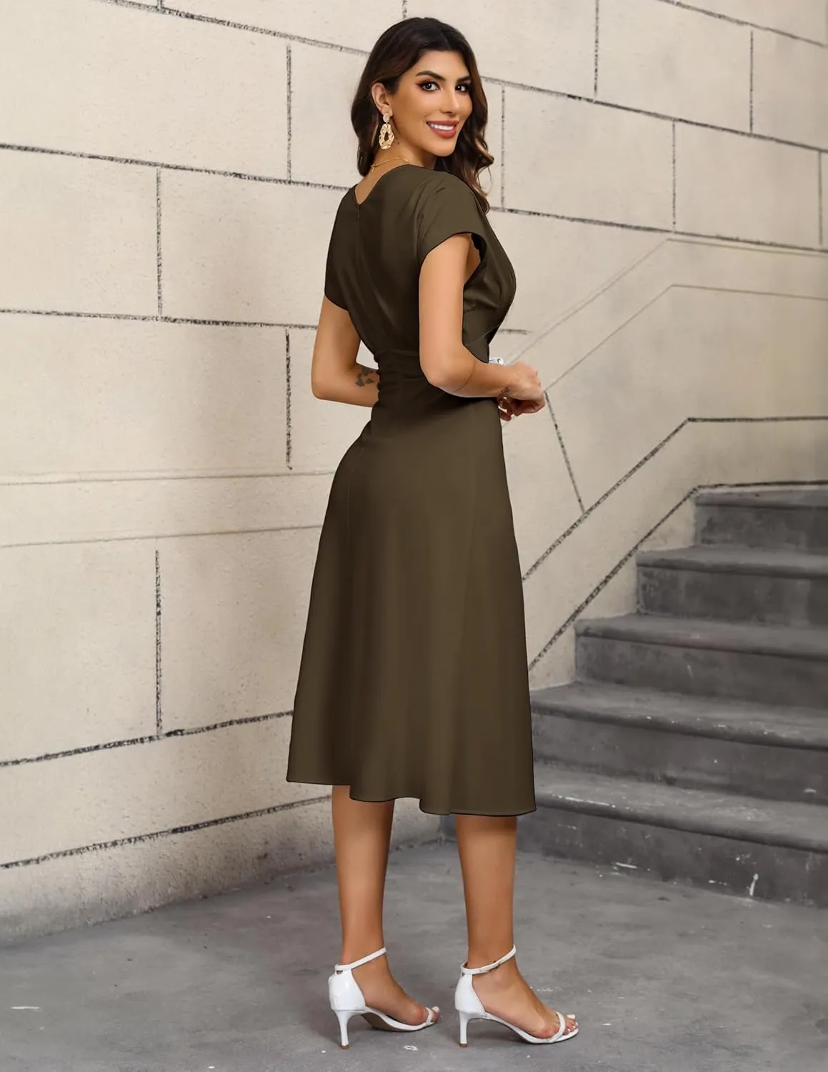 Women's 2024 Relaxed Long Formal Dresses Wrap V Neck Short Sleeve A-Line Midi Dresses