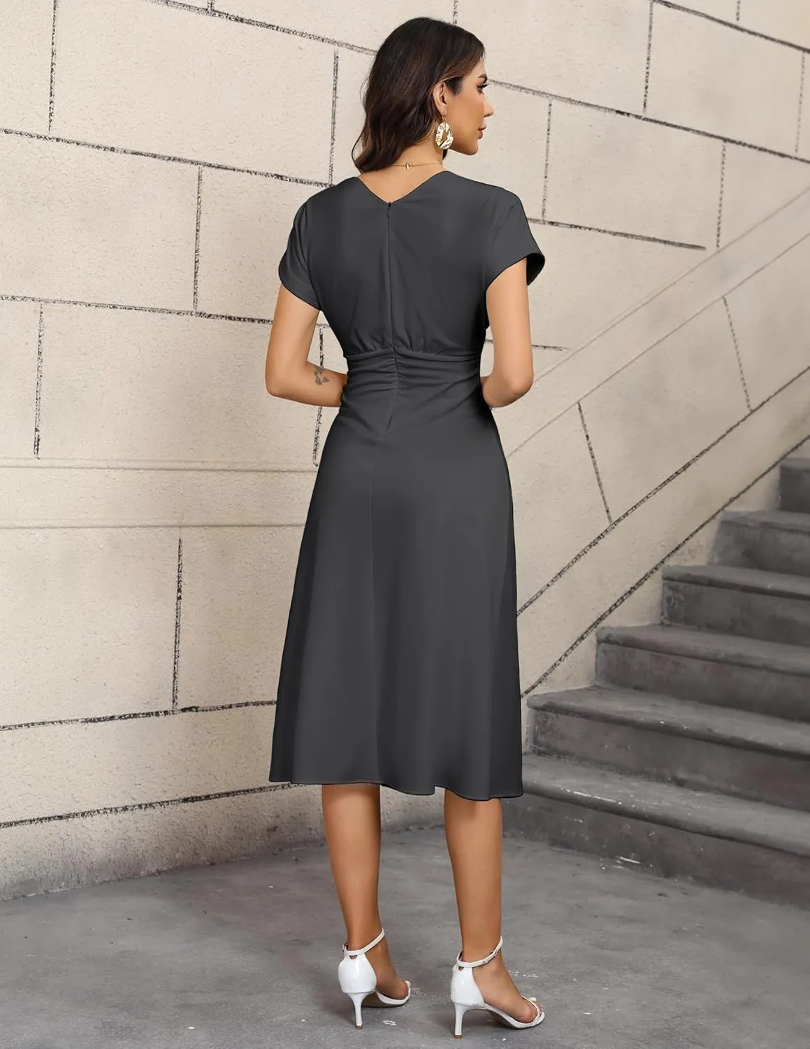 Women's 2024 Relaxed Long Formal Dresses Wrap V Neck Short Sleeve A-Line Midi Dresses