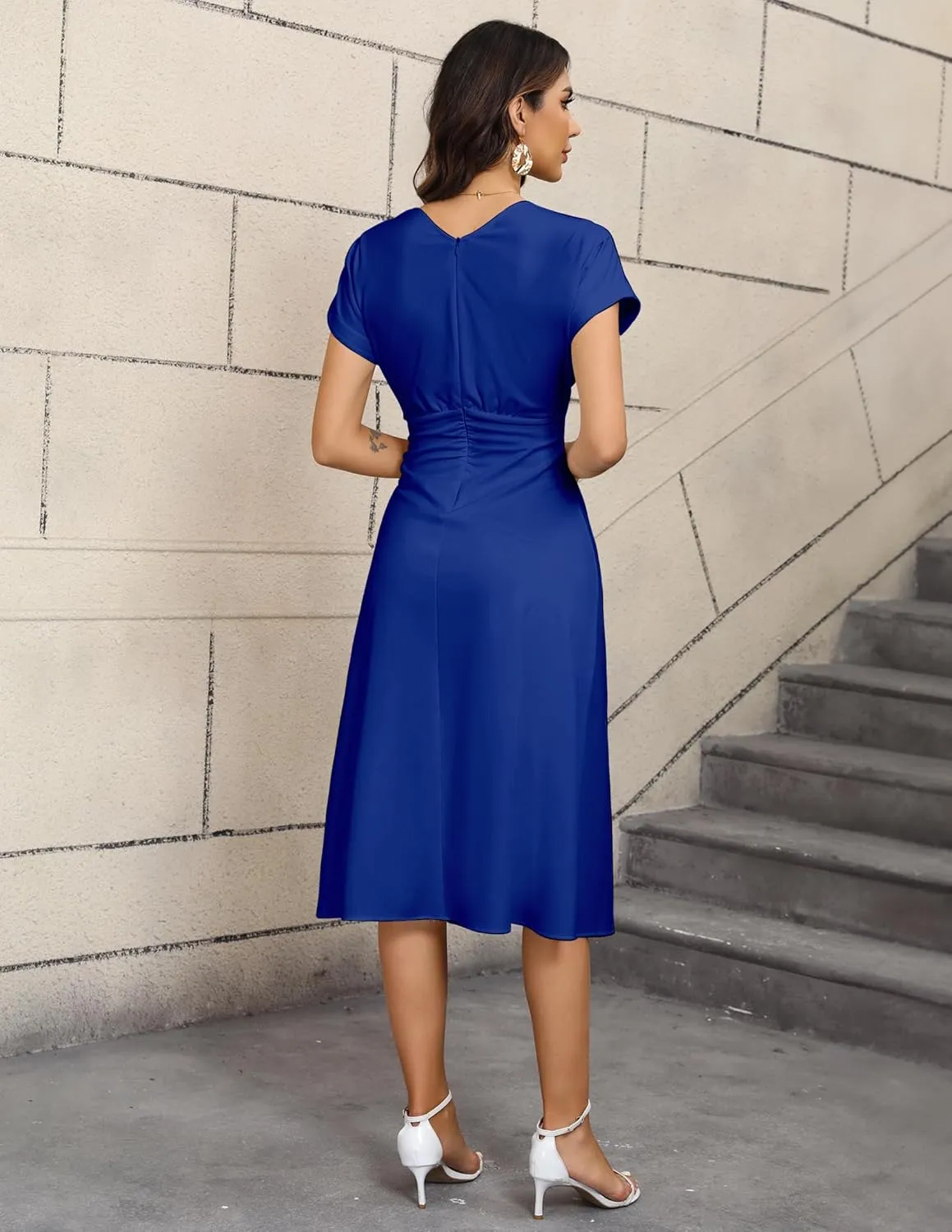 Women's 2024 Relaxed Long Formal Dresses Wrap V Neck Short Sleeve A-Line Midi Dresses
