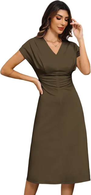 Women's 2024 Relaxed Long Formal Dresses Wrap V Neck Short Sleeve A-Line Midi Dresses