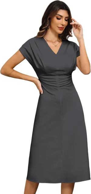 Women's 2024 Relaxed Long Formal Dresses Wrap V Neck Short Sleeve A-Line Midi Dresses