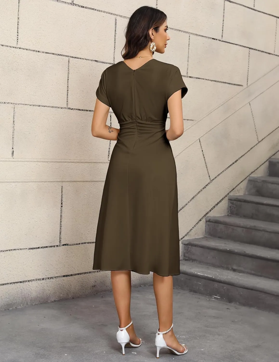 Women's 2024 Relaxed Long Formal Dresses Wrap V Neck Short Sleeve A-Line Midi Dresses