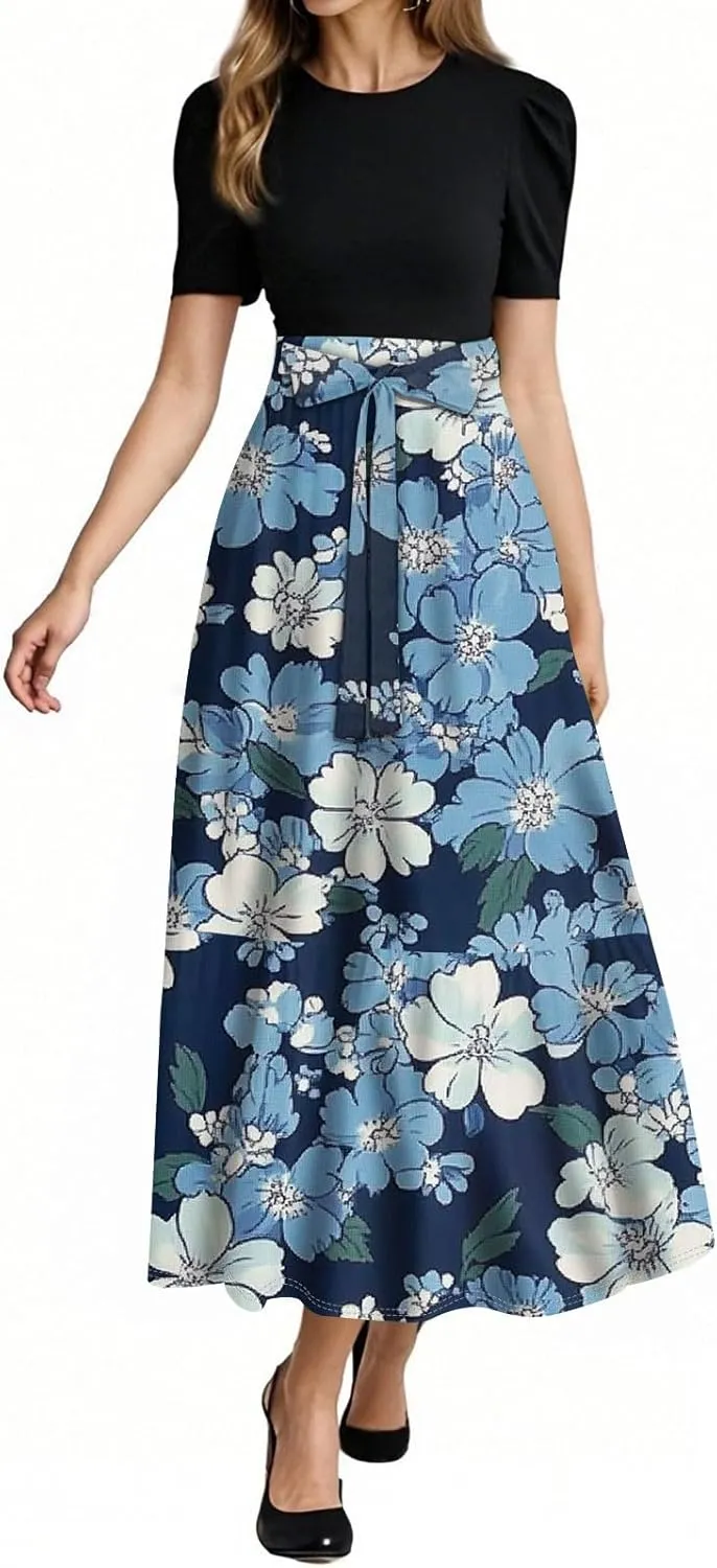 Women's 2025 Summer Floral Crew Neck Midi Dress Boho Short Sleeve High Waist Flowy Beach Vacation Dresses