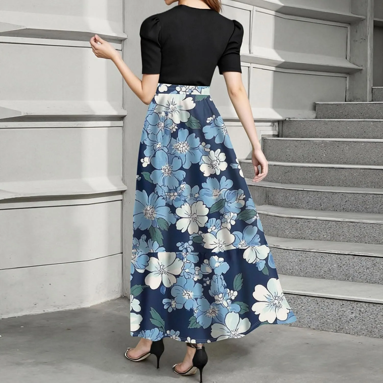 Women's 2025 Summer Floral Crew Neck Midi Dress Boho Short Sleeve High Waist Flowy Beach Vacation Dresses