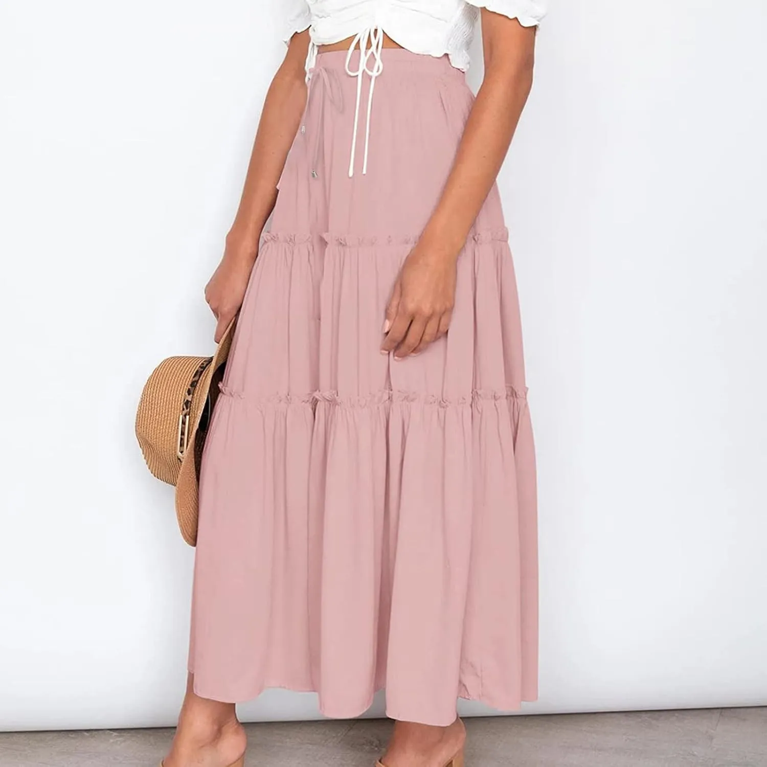 Womens 2025 Summer Long Flowy Skirt Elastic High Waist Boho Casual Maxi Skirt Tie Pleated Ruffle Tiered Skirts